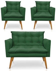 Kit 1 Sofá Namoradeira e 2 Poltronas Tais Suede Pés Palito Castanho - D'Rossi - Verde