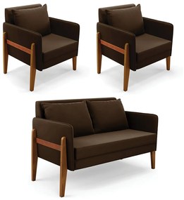 Kit 1 Sofá Namoradeira e 2 Poltronas Lana Suede Base de Madeira D03 - D'Rossi - Marrom