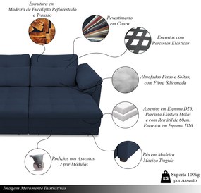 Sofá Retrátil Manual Sala de Estar Nolan Bipartido 379cm Conforto Premium em Couro Azul Marinho G58 - Gran Belo