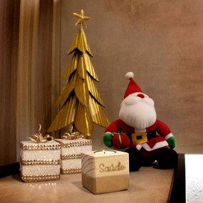 Porta Vela Quadrado Natal Saúde Madeira e Dourado 7 cm - D'Rossi