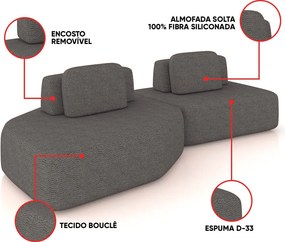 Sofá 2 Lugares Orgânico com Chaise e 1 Módulo Central Berlim Bouclê K01 - D'Rossi - Grafite