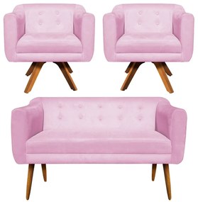 Kit 01 Namoradeira 02 Lugares e 02 Poltronas Giratória Julia Suede Rosa Bebê Base Madeira MM30 D'Rossi