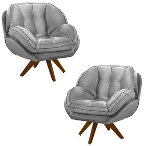 Kit 2 Poltronas Decorativas Base em Madeira Giratória Giroud Veludo Cinza G33 - Gran Belo