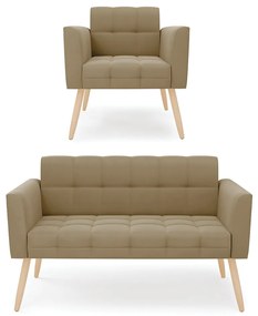 Kit 1 Sofá Namoradeira e 1 Poltrona Elisa Suede Pés Palito Natural - D'Rossi - Marrom Rato