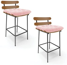 Kit 02 Banquetas Costela Suede Base Metálica Preto - D'Rossi - Rosa Bebê