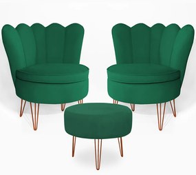 Conjunto 2 Poltrona Dália com Puff Chloe Pés Hairpin Legs Bronze Veludo Verde Bandeira