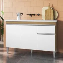 Balcão de Cozinha com Pia Inox 120cm Tatiane Amêndoa/Branco - AJL Móve
