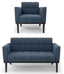 Sofá Namoradeira e 1 Poltrona Base Madeira Preto Ana Suede Azul Marinh