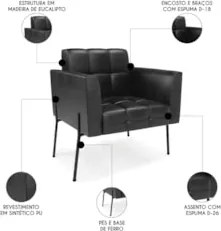 Poltrona Sala Pé Metal Preto Kit 2 Ana Sintético PU Preto - Ibiza