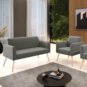 Sofá Namoradeira com Poltrona Pés Palito Natural Marisa Suede Grafite D03 - D'Rossi