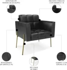 Poltrona Sala Pé Metal Dourado Kit 2 Ana Sintético PU Preto - Ibiza