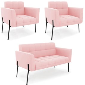 Sofá Namoradeira e 2 Poltronas Pé de Ferro Preto Elisa Suede Rosa Bebê D03 - D'Rossi