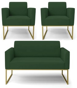 Sofá Namoradeira com 2 Poltronas Base Industrial Dourado Marisa Veludo D03 - DRossi - Verde