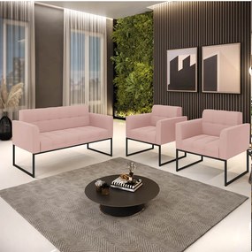 Kit 1 Sofá Namoradeira e 2 Poltronas Elisa Veludo Rosê Base Metálica Industrial Preto D03 - D'Rossi