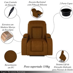 Poltrona do Papai Reclinável Sala de Cinema Crihs Elétrica Lift Elevação PU Whisky G23 - Gran Belo