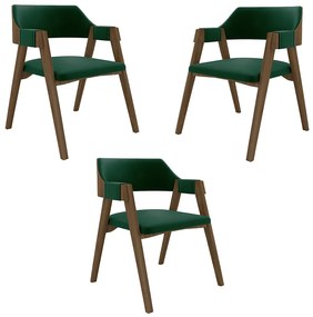 Kit 3 Cadeiras Sala de Jantar e Jogos Carteados Madeira Maciça Poker Veludo Verde/Nogueira G42 - Gran Belo