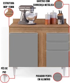 Balcão de Cozinha Lavanderia com Tampo 02 Gavetas Bia 100 cm L06 - D'Rossi - Castanho e Cinza