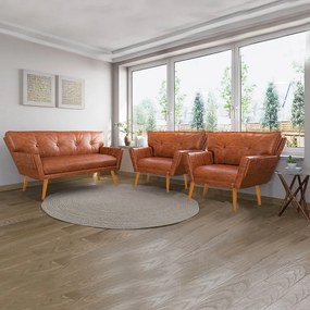 Sofá Namoradeira e 2 Poltronas Pé Palito Madeira Anitta Sintético PU Nozes D03 - D'Rossi