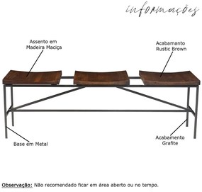 Banco Decorativo para Varanda Cozinha 3 Lugares Dresden 140cm Grafite Madeira Maciça Rustic Brown G54 - Gran Belo