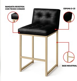 Banqueta Cozinha Alta com Encosto Industrial Kit 3 Champanhe Lirina PU C05 - D'Rossi - Preto