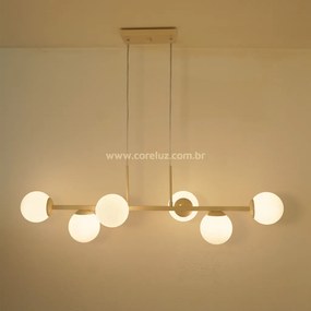 Pendente Six Retângular 124X25,5X27Cm Alumínio E Globo Ø12Cm Fosco 6Xg... (PRETO, FOSCO)