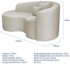 Kit Recamier Curvo Sala de Estar Inglaterra 150cm Lado Esquerdo e Poltrona Orgânica Luxo Amore Linho