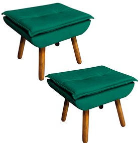 Kit 02 Puffs Opala Veludo Verde Esmeralda Pés Palito Castanho - D'Rossi