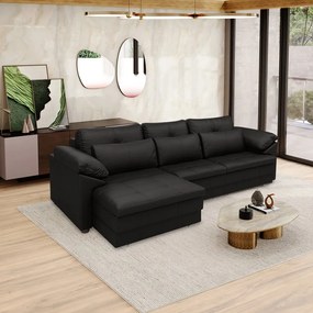 Sofá Retrátil Manual Sala de Estar Nolan Bipartido 297cm Conforto Premium em Couro Preto Brilho G58 - Gran Belo
