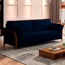 Sofá Living 3 Lugares 222cm Pés Madeira Roya Z32 Veludo Azul Marinho -