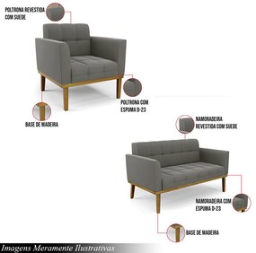 Conjunto 2 Poltronas e 1 Namoradeira Decorativa Karen Pés Fixo em Madeira Castanho Suede Grafite G19 - Gran Belo