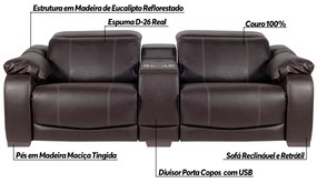 Sofá Elétrico Reclinável e Retrátil 2 Lugares com Porta Copos Affection Couro Marrom G34 - Gran Belo