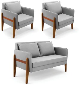 Kit 1 Sofá Namoradeira e 2 Poltronas Lana Suede Cinza Base de Madeira - D'Rossi