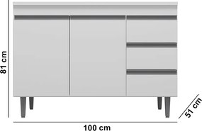 Balcão Cozinha com Tampo 100cm 3 Gavetas Leticia Branco A01 - D'Rossi