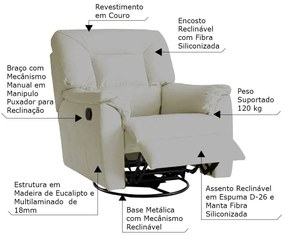 Poltrona do Papai Reclinável Giratória com Balanço Doha Couro Off White G43 - Gran Belo