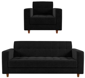 Kit 01 Sofá 03 Lugares e 01 Poltrona Arezzo Linho Preto A79 Pés Chanfrado Castanho - D'Rossi