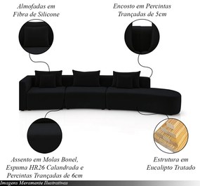 Sofá Curvo Decorativo Kimiko 437Cm 6 Lugares Sala de Estar com Chaise Veludo Preto G52 - Gran Belo