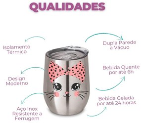 Copo Inox Corpo Duplo 400 ml Fosco Gatinha Miau - Cromado