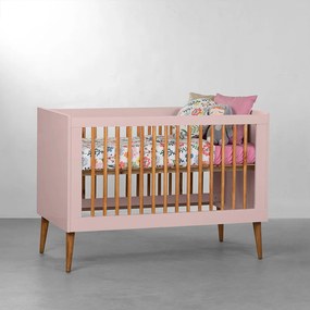 Berço Mini Cama Noah Wood com Pés Retrô Mel - Rosa Fosco
