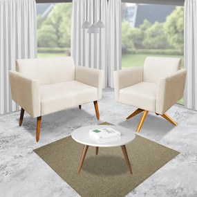 Kit 01 Namoradeira 02 Lugares e 02 Poltronas Marisa Suede Bege Base Giratória Madeira MA30 D'Rossi