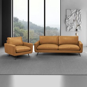 Conjunto Sala de Estar Decorativo Paloma 1 Sofá 2 Lugares 183cm 1 Poltrona Pés em Aço Couro Caramelo Manchado G88 - Gran Belo