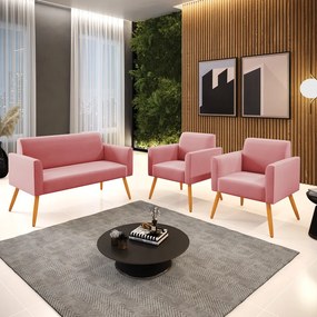 Sofá Namoradeira com 2 Poltronas Pés Palito Castanho Marisa Suede - Rose