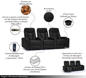 Poltrona Sala de Cinema 3 Lugares Elétrica Reclinável Califórnia Aquecimento Massagem Entrada USB/USB-C PU Preto G94 - Gran Belo