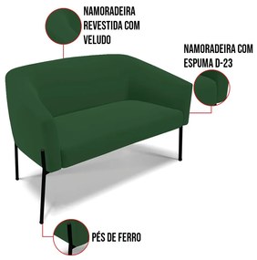 Sofá 2 Lugares Namoradeira Pé de Ferro Preto Stella Veludo D03 - D'Rossi - Verde