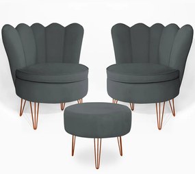 Conjunto 2 Poltrona Dália com Puff Chloe Pés Hairpin Legs Bronze Veludo Cinza Grafite