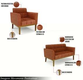 Conjunto Poltrona e Namoradeira Decorativas Karen Pés Fixo em Madeira Castanho Pu Nozes G19 - Gran Belo