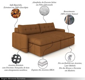 Sofá Retrátil Bipartido Sala de Estar Belém 204cm Couro Caramelo G52 - Gran Belo