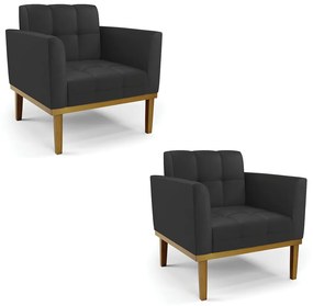 Kit 2 Poltronas Decorativas Karen Pés Fixo em Madeira Castanho PU Preto G19 - Gran Belo