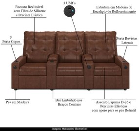 Poltrona do Papai Reclinável Sala de Cinema Movie 3 Lugares Manual Baú USB PU Marrom Brilho