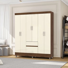 Guarda Roupa Casal Abruzzo 6 Portas de Bater 2 Gavetas com Cabideiro Nogueira/OffWhite G98 - Gran Belo