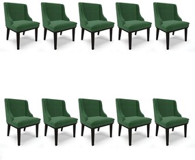 Kit 10 Cadeiras de Jantar Liz Veludo Verde Base Fixa Madeira Preto D03 - D'Rossi